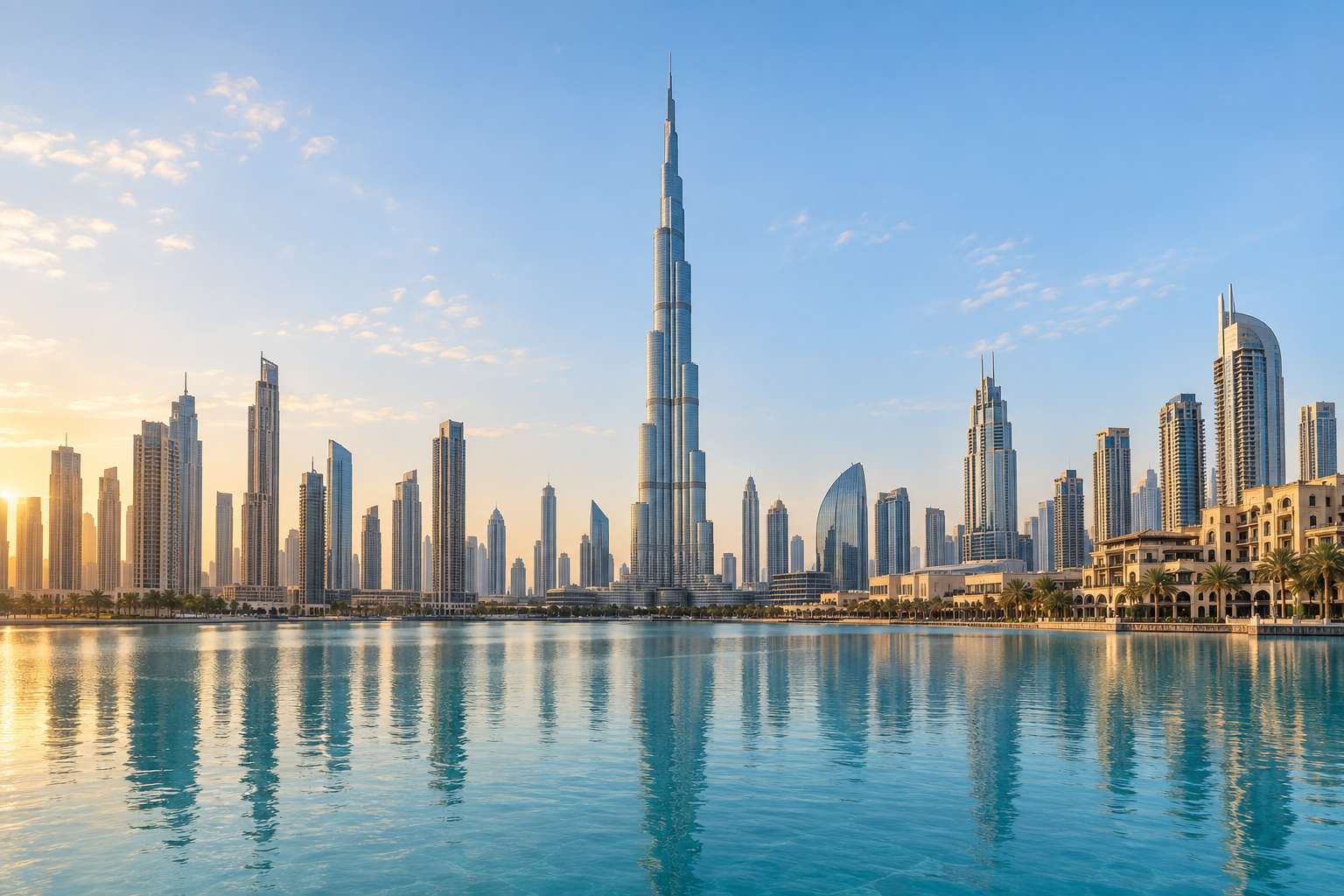 Dubai skyline with the Burj Khalifa beside the water